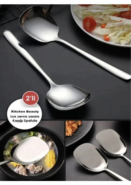 2 Adet Pratik 21 cm Paslanmaz Lüx Servis Salata Kaşığı Çelik Servis Kaşığı