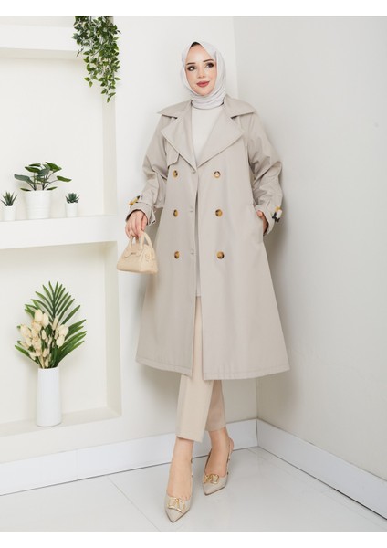 Kadın Astarlı Kruvaze Yaka Kuşaklı Trençkot -PMK471