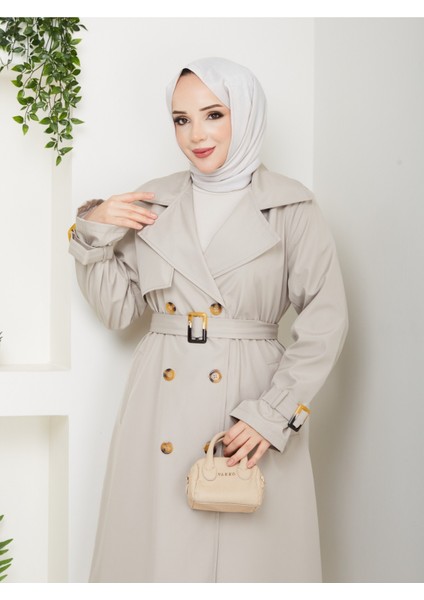 Kadın Astarlı Kruvaze Yaka Kuşaklı Trençkot -PMK471 fiyatları