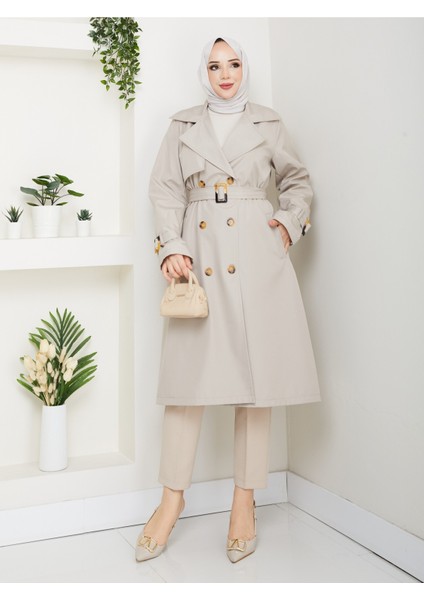 Kadın Astarlı Kruvaze Yaka Kuşaklı Trençkot -PMK471 fırsatları