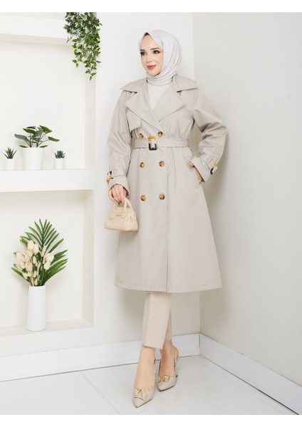 Kadın Astarlı Kruvaze Yaka Kuşaklı Trençkot -PMK471 indirimleri