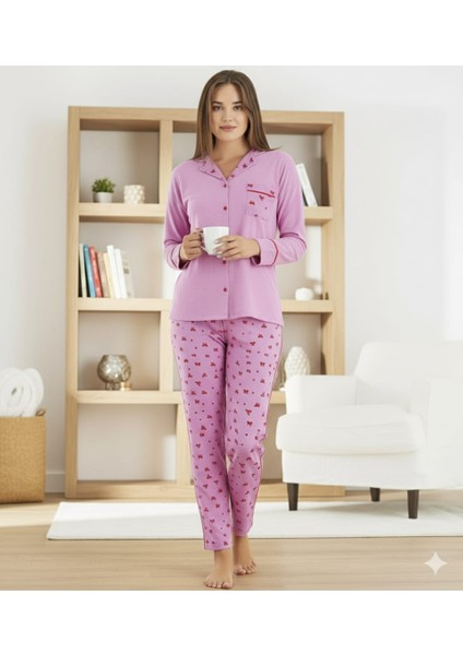 Waffle Uzun Kol Bebe Yaka Düğmeli Kadın Pijama Takımı