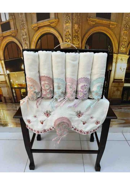 %100 Pamuklu Kesme Nakışlı Uç Işlemeli Kadife 50×90 Kutulu Lüx Çeyizlik El ve Yüz Havlusu Seti
