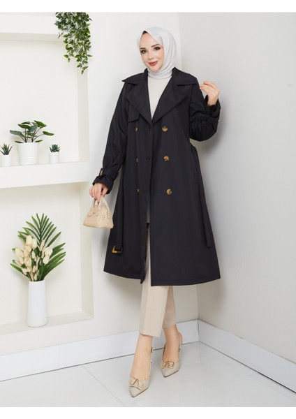 Kadın Astarlı Kruvaze Yaka Kuşaklı Trençkot -PMK471 fiyatları