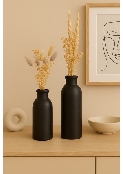 2’li El Boyaması Siyah Ahşap Vazo Seti – Yapay Bitkiler Dahildir