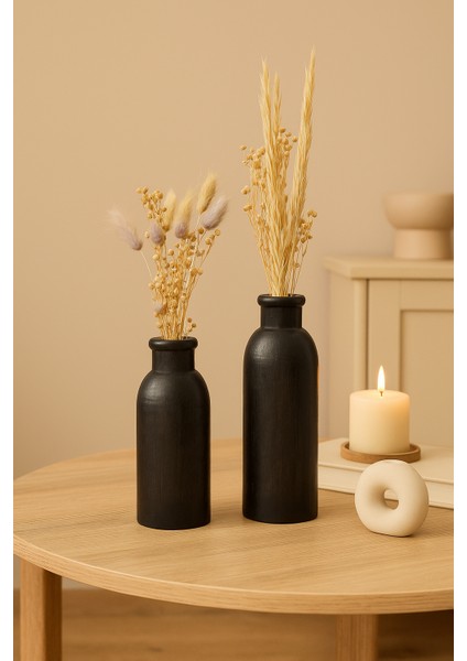 2’li El Boyaması Siyah Ahşap Vazo Seti – Yapay Bitkiler Dahildir fiyatları