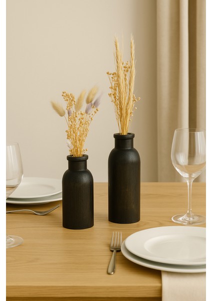 2’li El Boyaması Siyah Ahşap Vazo Seti – Yapay Bitkiler Dahildir modelleri