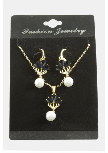 Resveq Çiçek Inci Zirkon Taşlı Set Kolye-Siyah fiyatları