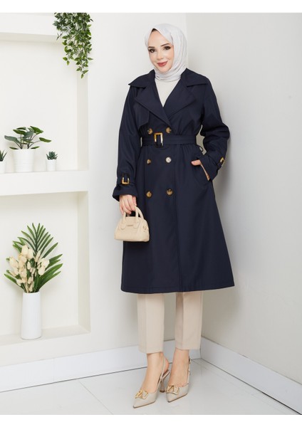 Kadın Astarlı Kruvaze Yaka Kuşaklı Trençkot -PMK471