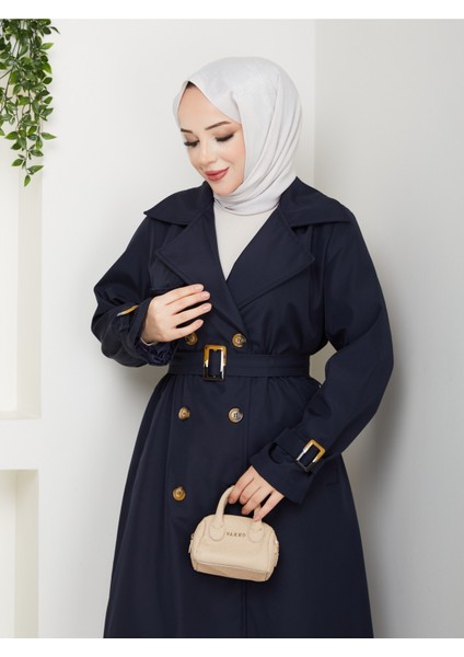 Kadın Astarlı Kruvaze Yaka Kuşaklı Trençkot -PMK471 indirimleri