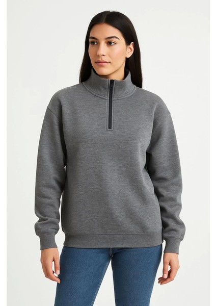 Üç Iplik Dık Yaka Yarım Fermuarlı Sweatshirt - Antrasit
