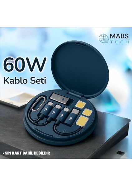 5'i 1 Arada 60W Destekli Seyahat Kablo Kutusu - Micro Usb, Type-C, Lightning 5 In 1 Şarj Seti