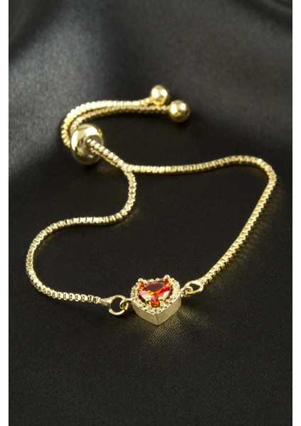 Resveq Kalp Zirkon Taşlı Asansörlü Bileklik Ciddi Ilişki Bilekliği-Kırmızı
