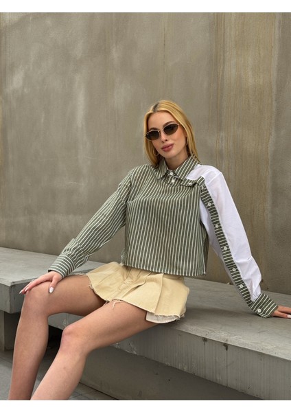 Kadın Özel Tasarım Yaka Kol Düğmeli Çizgi Garnili Crop Boy Kısa Bluz Gömlek