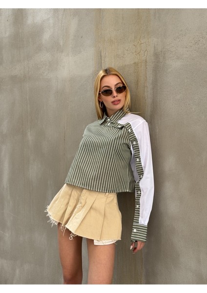 Kadın Özel Tasarım Yaka Kol Düğmeli Çizgi Garnili Crop Boy Kısa Bluz Gömlek fiyatları