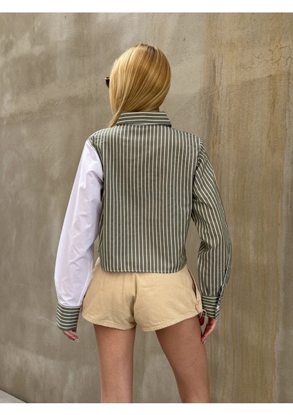 Kadın Özel Tasarım Yaka Kol Düğmeli Çizgi Garnili Crop Boy Kısa Bluz Gömlek fırsatları