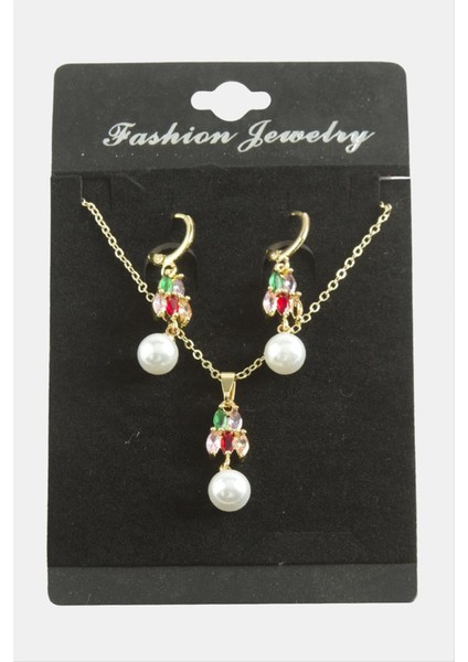 Resveq Kalp Inci Zirkon Taşlı Set Kolye-Renkli fiyatları