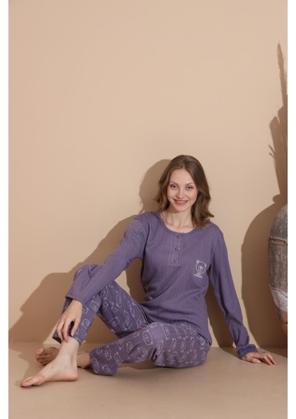 Kadın Pamuk'lu Düğme Yaka Raporlu Interlok Kışlık Pijama Takımı 05035 - 1 Adet