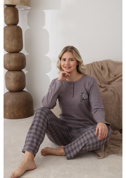 Kadın Pamuk'lu Düğme Yaka Raporlu Interlok Kışlık Pijama Takımı 05162 - 1 Adet