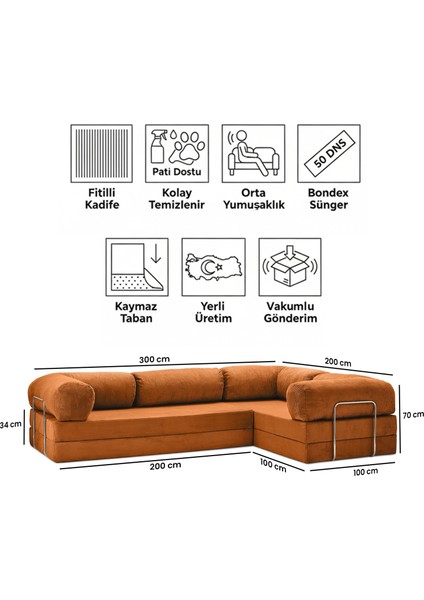 300X200 L Köşe Kanepe - Fitilli Kadife Yıkanır Silinir Pratik Yer Yatağı 50 Dns Bondex indirimleri