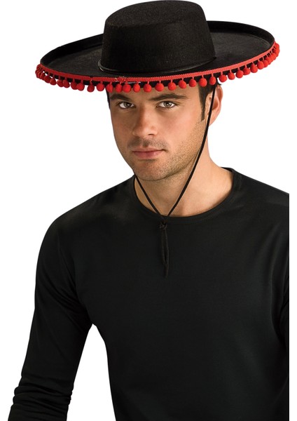 Kırmızı Ponponlu Siyah Renk Yetişkin Ispanyol Şapkası - Lisinya