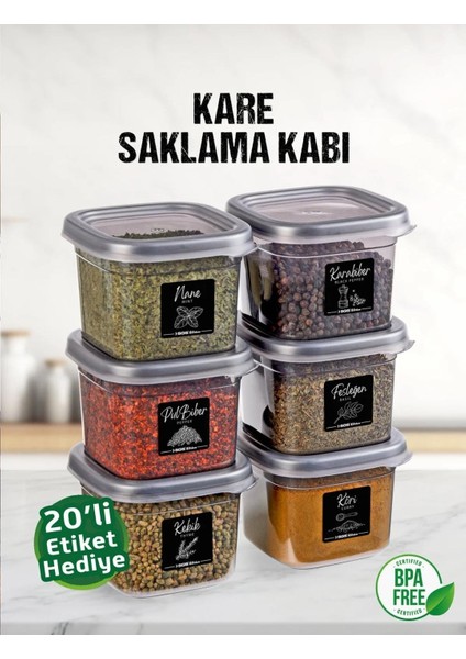 6 Lı 12 Parça 550 Ml. Kare Erzak Saklama Kutusu Baharatlık Seti 20 Etiket Hediyeli