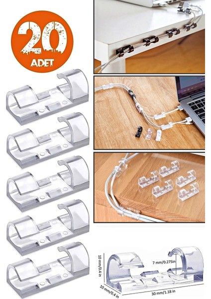 20LI Şeffaf Kablo Sabitleyici Düzenleyici Duvar Klipsi Yapışkanlı Kablo Organizer Tutucu Toplayıcı