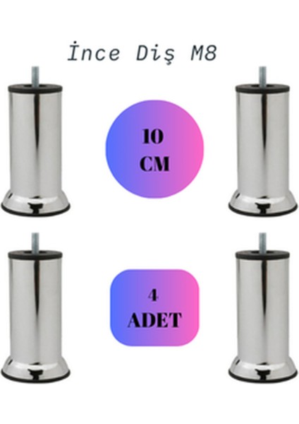 10 cm Mobilya, Kanepe, Koltuk, Baza, Yatak, Çekyat, Yükseltme Ayağı M8 Diş Metal Ayakları (4 Adet) G