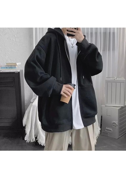 Punıx Büyük Beden Rahat Kalıp Fermuarlı Kapüşonlu Düz Baskısız 3 Iplik Kalın Kışlık Sweatshırt