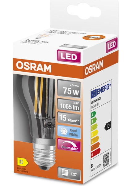 LED Flament Dim 7.8W 4000K 1055LM E27 Duy Işık Ampul Tekli Beyaz Işık E27 Filament Ampul 0 - 250 Wat modelleri