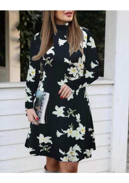 Kadın Balıkçı Yaka Uzun Kollu Çiçek Desenli Krep Elbise