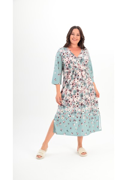 Kadın Kruvaze Yaka Rahat Kesim Truvakar Kol Desenli Viskon Günlük Midi Büyük Beden Elbise Gecelik