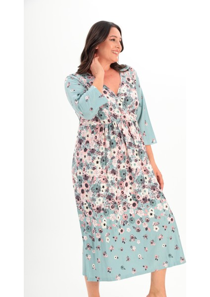 Kadın Kruvaze Yaka Rahat Kesim Truvakar Kol Desenli Viskon Günlük Midi Büyük Beden Elbise Gecelik modelleri