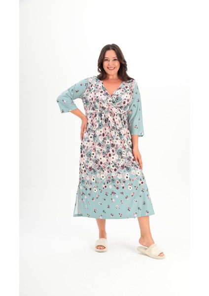 Kadın Kruvaze Yaka Rahat Kesim Truvakar Kol Desenli Viskon Günlük Midi Büyük Beden Elbise Gecelik indirimleri