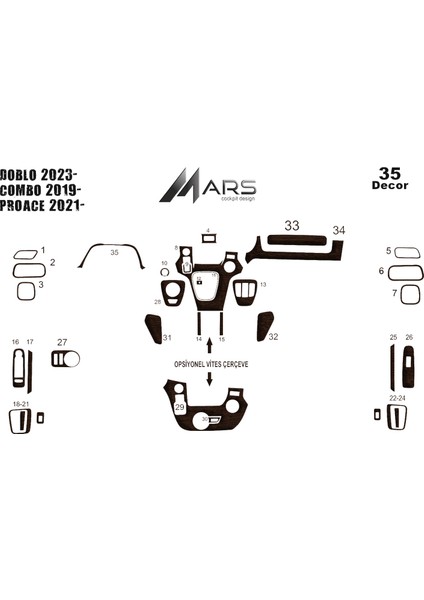 Fiat Doblo 2023-OPEL COMBO2019- Toyota Proace 2021- Konsol Torpi Koyu Meşe