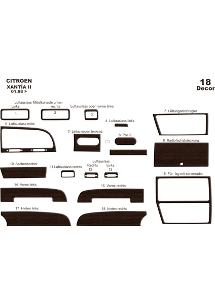 Citroen Xantia 2 Konsol-Torpido Kaplama 1998 18 Parça Koyu Meşe