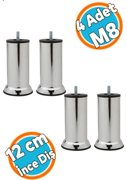 Mobilya Yükseltici Kanepe Baza Koltuk Destek Ayağı M8 Civata Krom Ayak 12 cm (4 Adet) Masa Ayakları