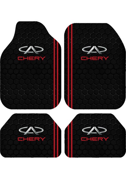 Chery Logolu Çift Şeritli Siyah Dekoratif Oto Paspas Takımı – Universal Kalıp, Kaymaz ve Yıkanabilir