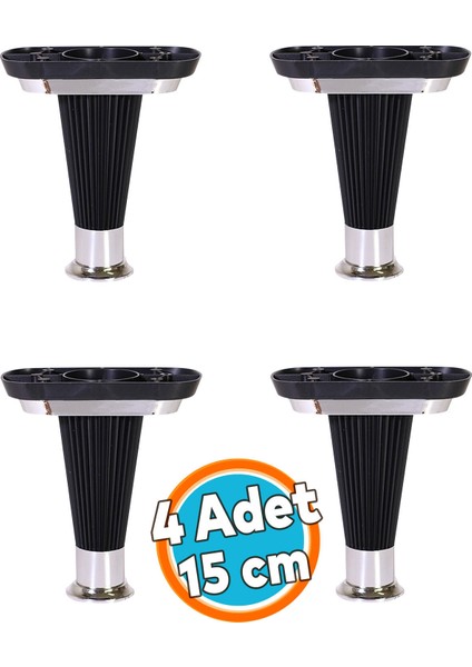 (4 Adet) Mobilya Kanepe Koltuk Ünite Ayağı 15 cm Siyah Krom Baza Ayak Siyah 4'lü Koltuk Ayağı Tr