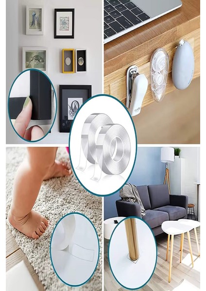 Nano Bant Çift Taraflı Bant Şeffaf Yeniden Kullanılabilir Su Geçirmez Iz Bırakmaz Çerçeve Bandı 1 mt