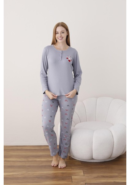 Kadın Pamuk'lu Düğme Yaka Raporlu Interlok Kışlık Pijama Takımı 05020 - 1 Adet