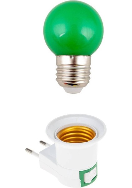 Açma Kapama Anahtarlı Duy Fişli + 1W Tasarruflu Renkli E27 LED Gece Lambası Yeşil Işık Tekli Cool Wh