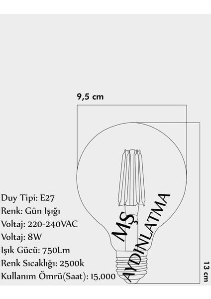 CLA19 E27 Duylu 8 Watt Gün Işığı LED Filament Rustik Bal Cam Ampul G95 Tekli Gün Işığı E27 Rustik Am fiyatları