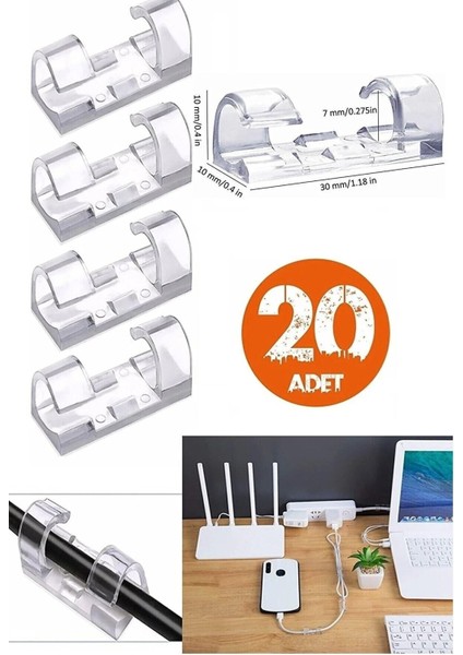 Kablo Sabitleyici Klipsler 20 Adet Kablo Düzenleyici Duvar Fayans Cam Kablo Tutucu Yapışkanlı Klips