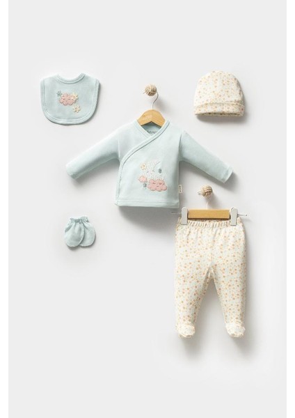 %100 Pamuk Sevimli Ay ve Bulutlar Desenli Bebek 5 Parça Yenidoğan Hastane Çıkışı Zıbın Seti BBTF.YSL.20223