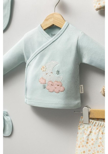 %100 Pamuk Sevimli Ay ve Bulutlar Desenli Bebek 5 Parça Yenidoğan Hastane Çıkışı Zıbın Seti BBTF.YSL.20223 fiyatları