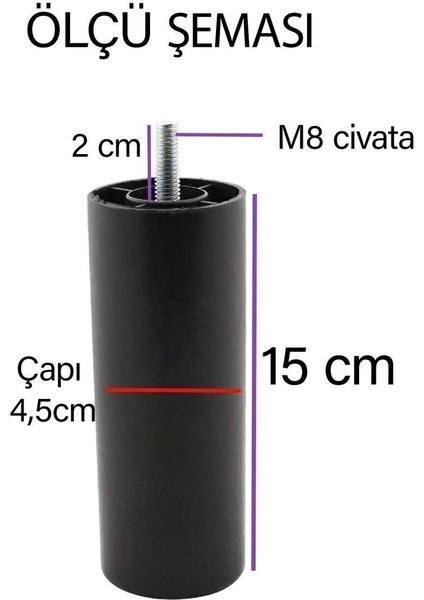 4 Adet Silindir Destek Ayağı 15 cm Siyah Gizli Ayak M8 Civatalı Incediş Mobilya Kanepe Baza Koltuk M fırsatları