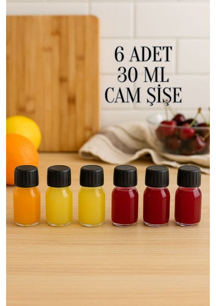 6 Adet 30 ml Kilitli Siyah Kapaklı Şeffaf Detox Shot Şişesi 30 cc Ginger Şat Beyaz Cam Şişe