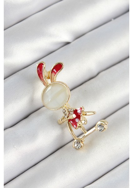 Zirkon Taş Detaylı Kırmızı 3D Scooter Süren Tavşan Kız Figürlü Gold Renk Kadın Broş