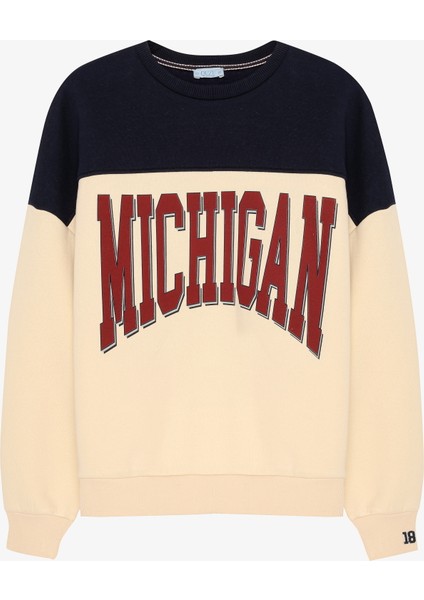 Michigan Baskılı Oversize Sweatshirt Bej